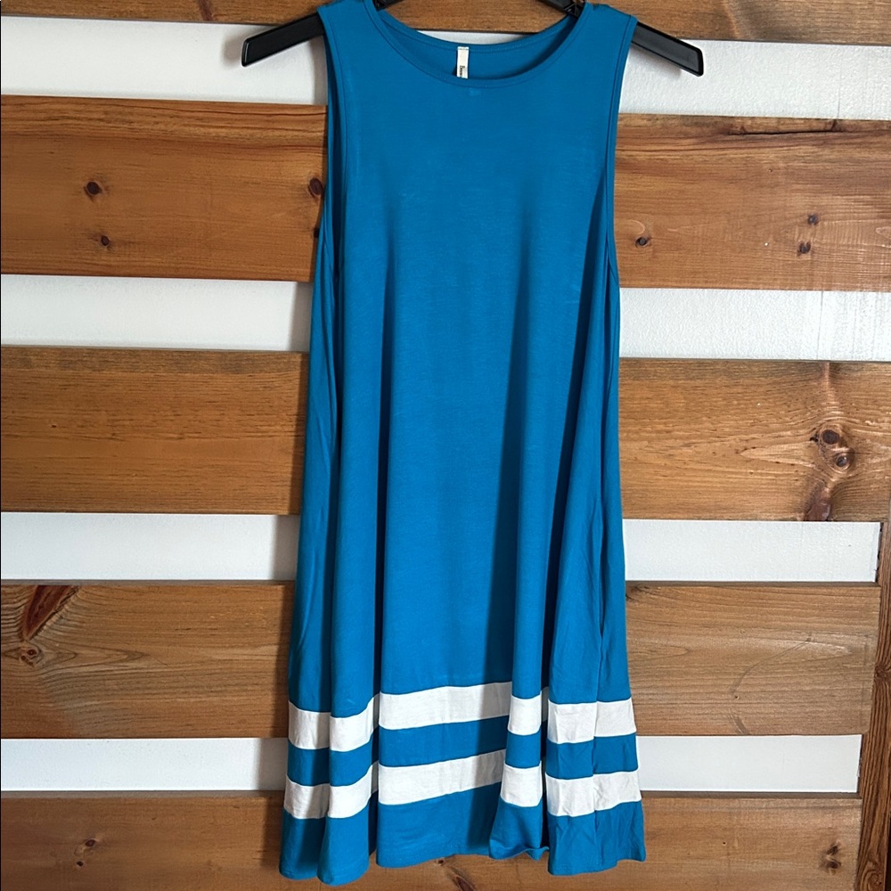Beeson River Vibrant Blue Sleeveless Dress White Stripe Accents Size Small